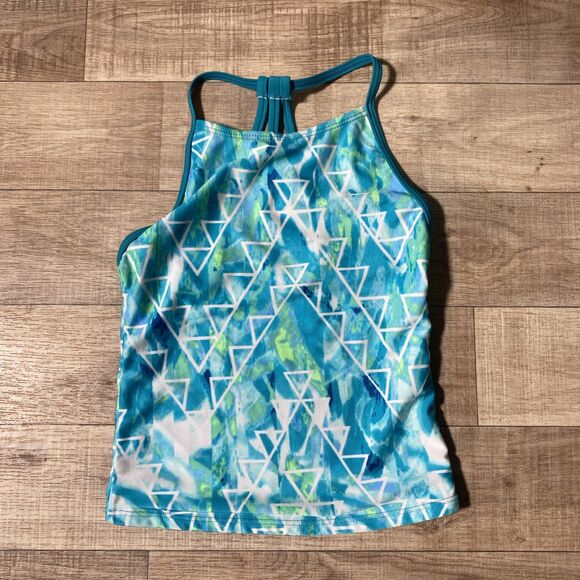 Speedo Tankini Top Girls Size 7 Upf 50+ Blue Geo Print Soft Raceback - Picture 1 of 6